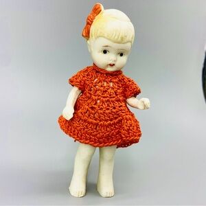 Antique Bisque Porcelain Penny Doll in Crochet Dress Made in Japan